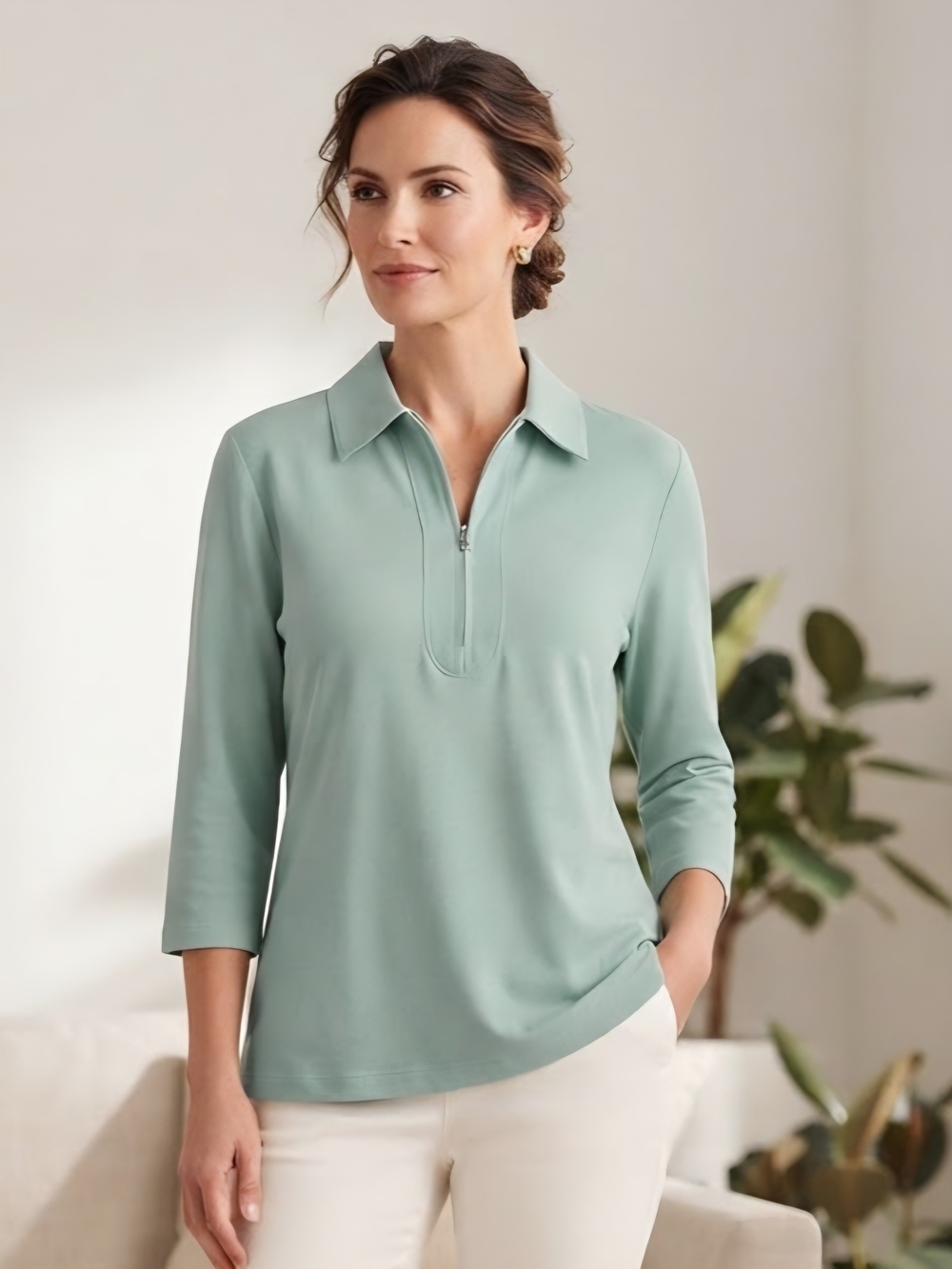 Cutter & Buck Sage Green Zip Polo Top Size Large